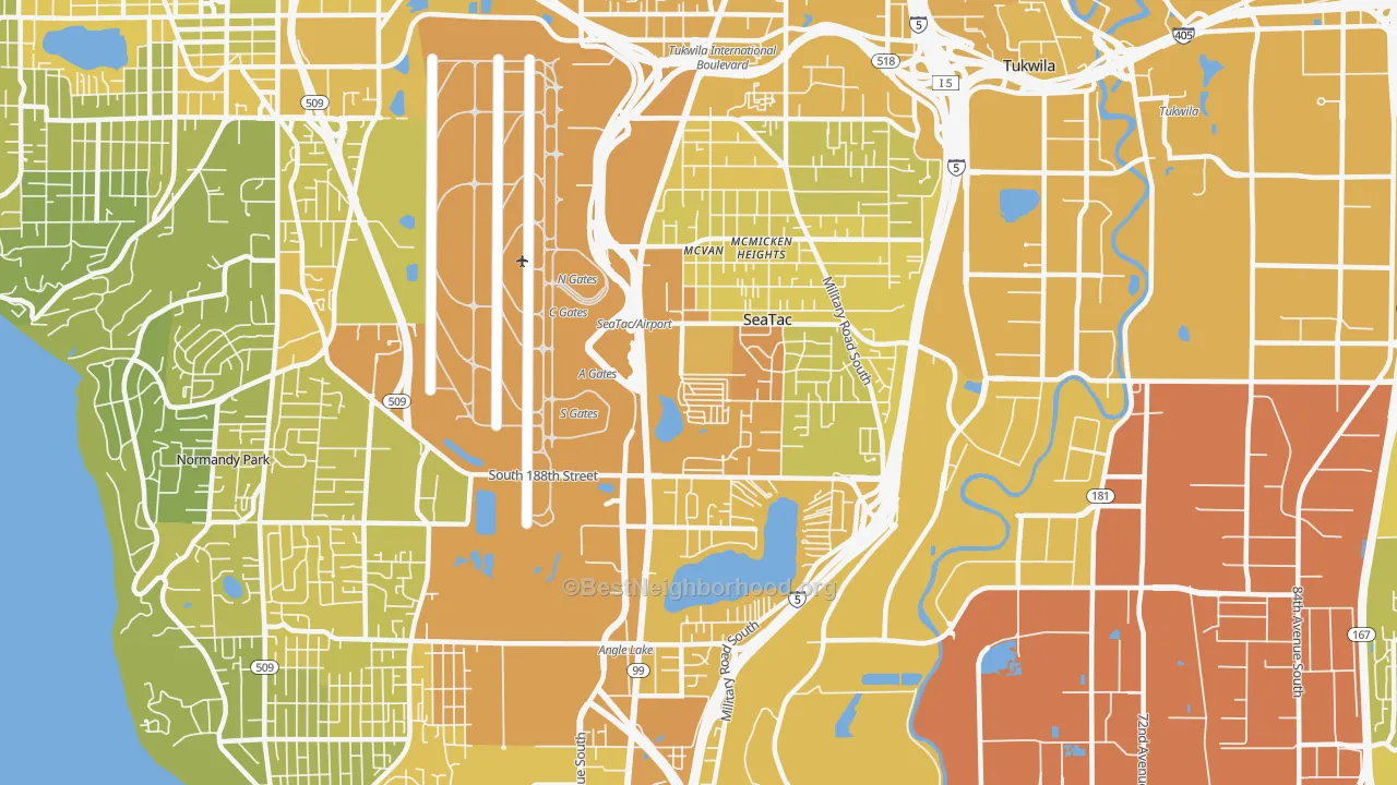 Map of the best neighborhoods in the SeaTac area, with better matches in green and worse matches in red