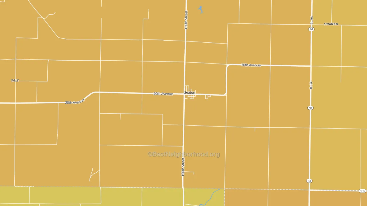 Map of the best neighborhoods in the Seaton area, with better matches in green and worse matches in red