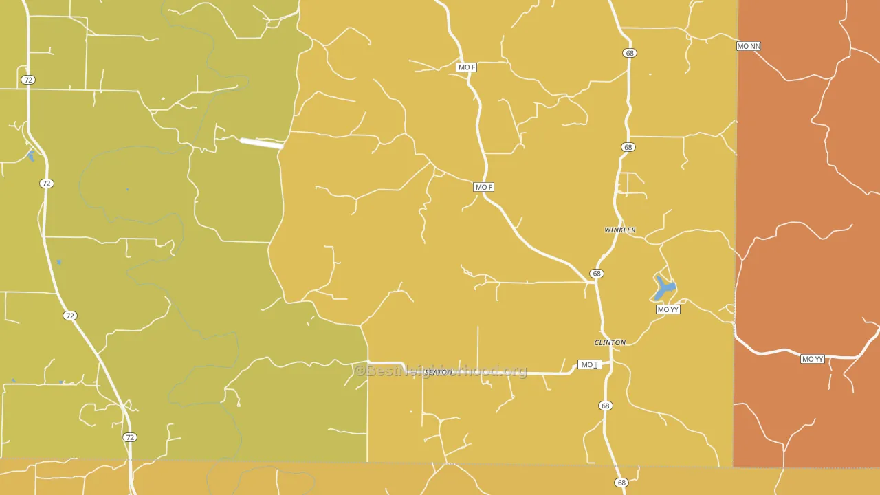 Map of the best neighborhoods in the Seaton area, with better matches in green and worse matches in red