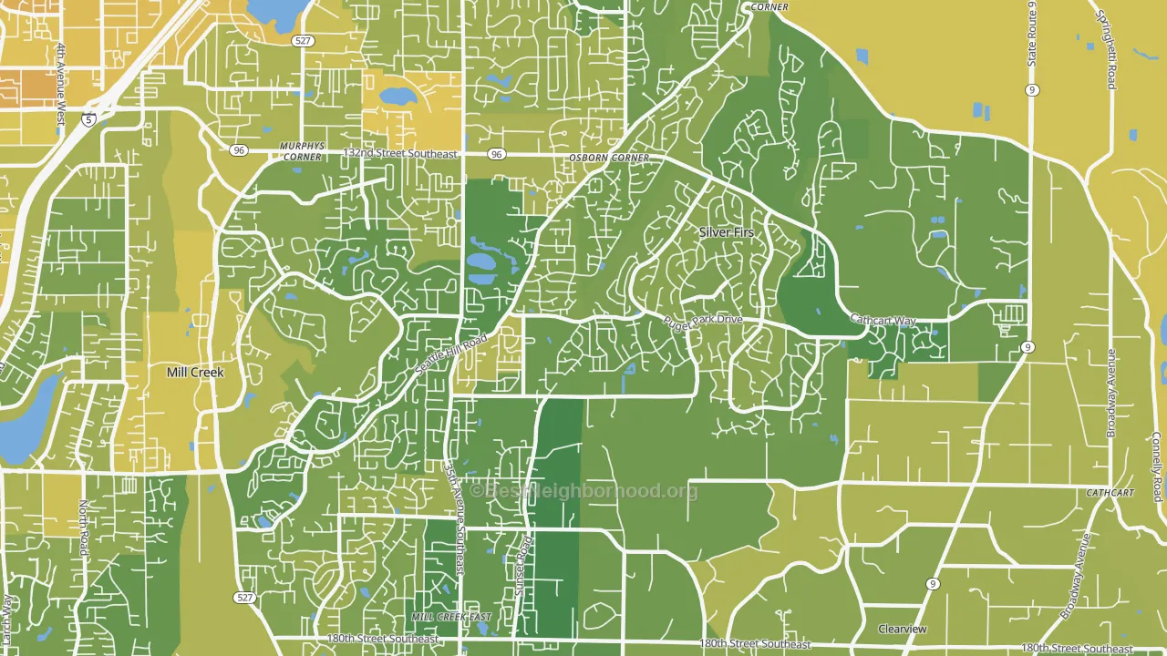 Map of the best neighborhoods in the Seattle Hill-Silver Firs, Silver Firs area, with better matches in green and worse matches in red