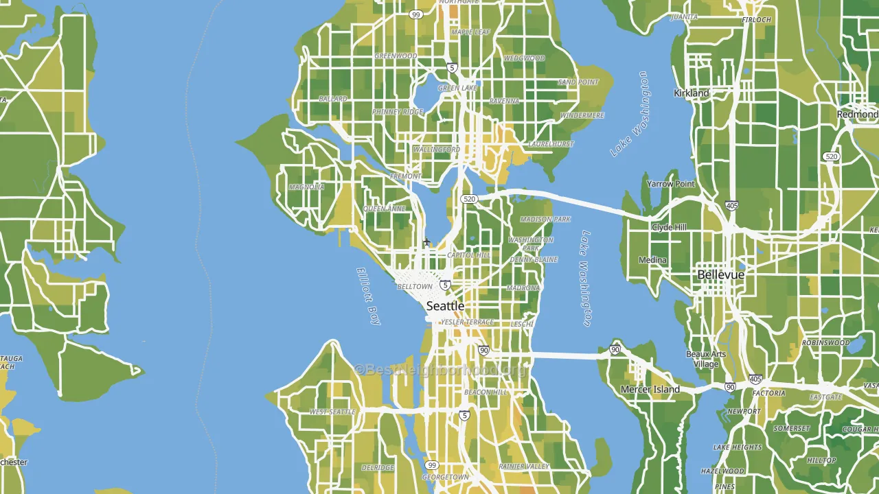 Map of the best neighborhoods in the Seattle Metro area, with better matches in green and worse matches in red
