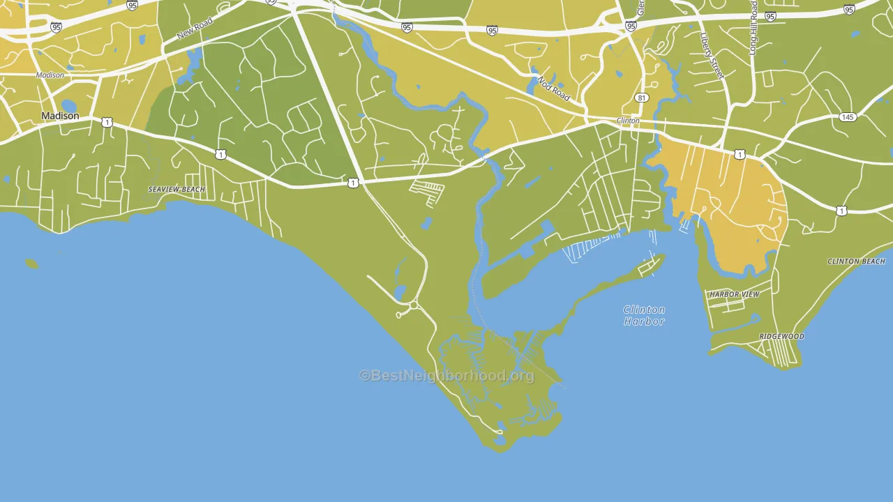Map of the best neighborhoods in the Seaview Beach area, with better matches in green and worse matches in red