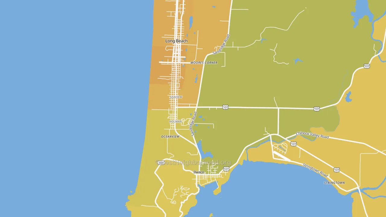 Map of the best neighborhoods in the Seaview area, with better matches in green and worse matches in red