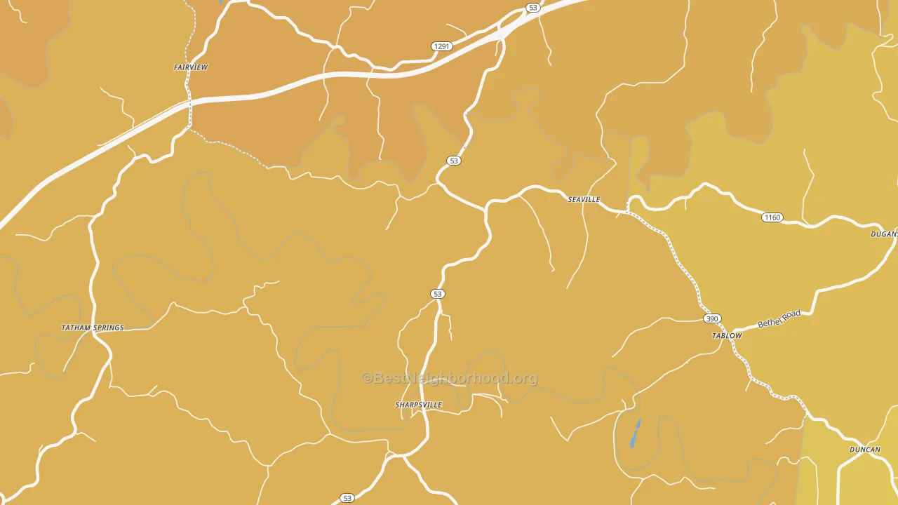 Map of the best neighborhoods in the Seaville area, with better matches in green and worse matches in red