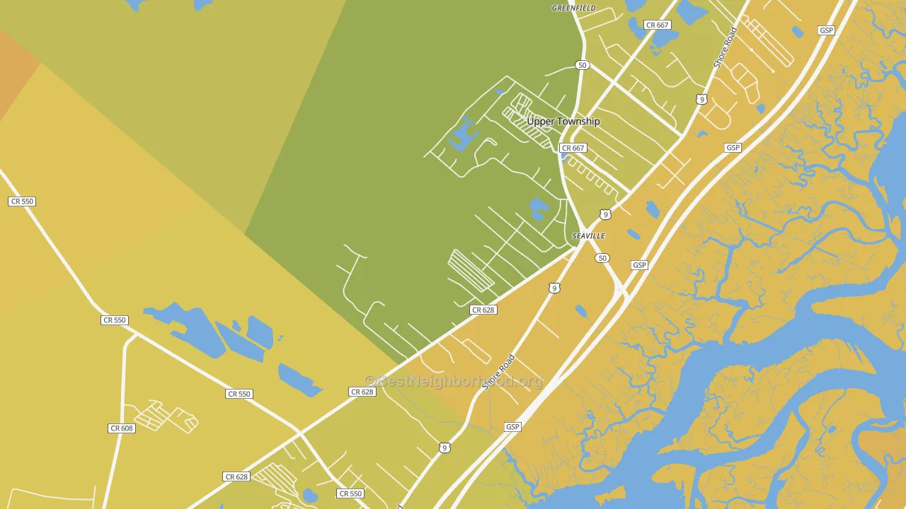Map of the best neighborhoods in the Seaville area, with better matches in green and worse matches in red