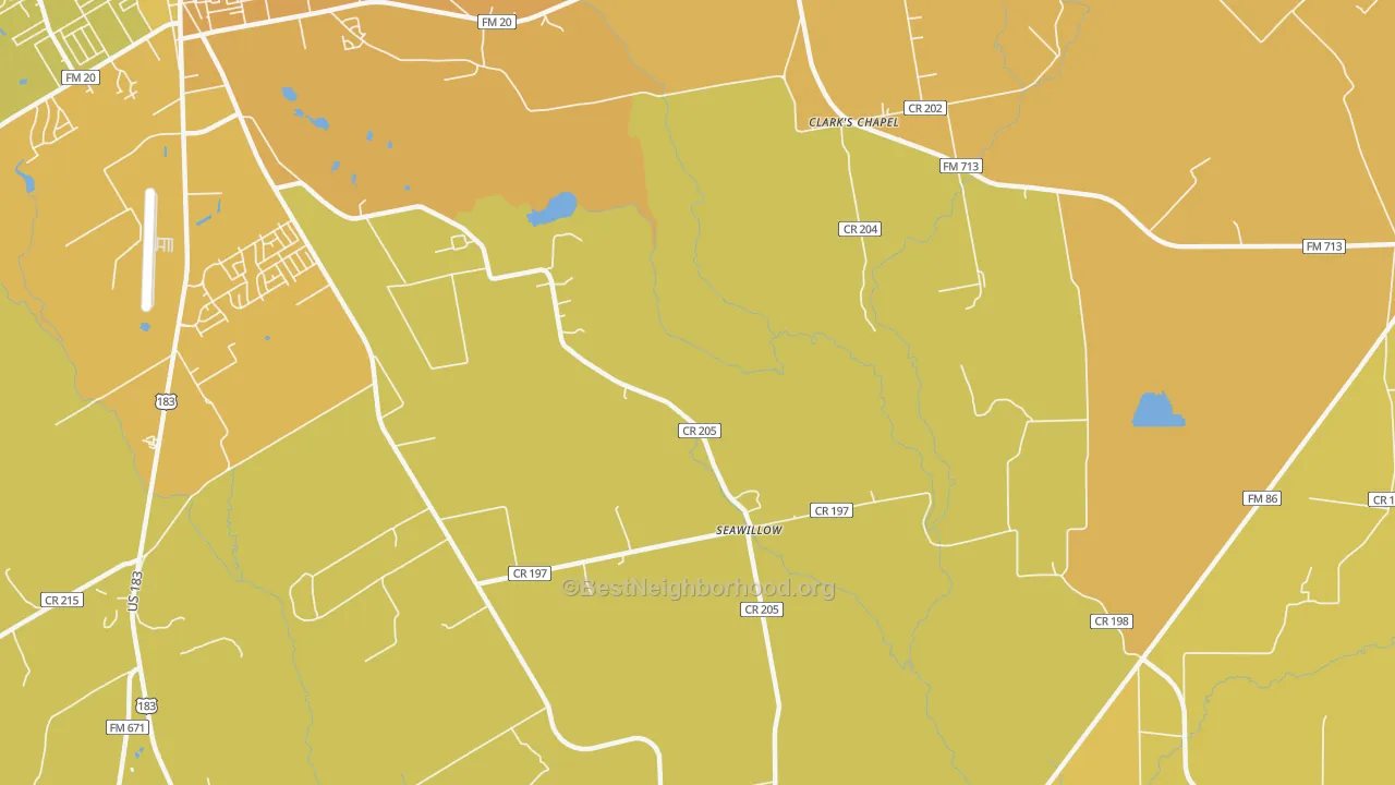 Map of the best neighborhoods in the Seawillow area, with better matches in green and worse matches in red
