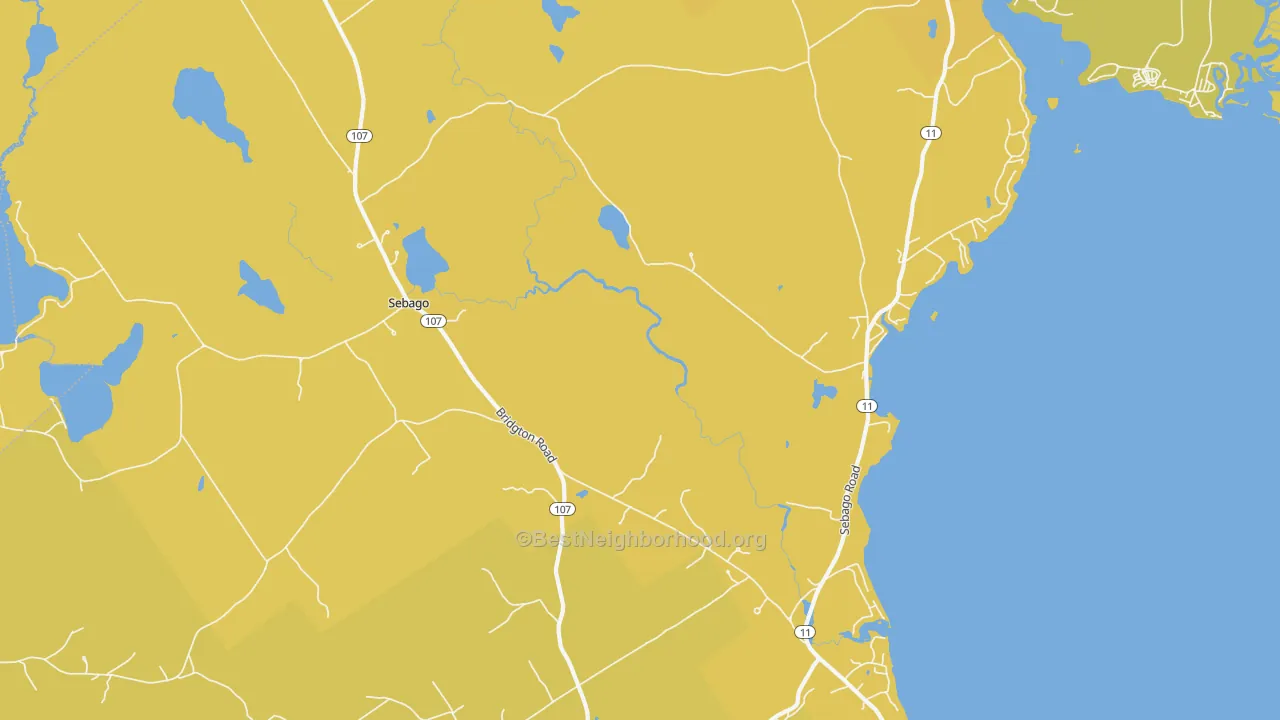 Map of the best neighborhoods in the Sebago area, with better matches in green and worse matches in red