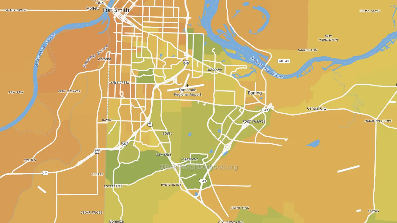 Map of the best neighborhoods in the Sebastian County area, with better matches in green and worse matches in red