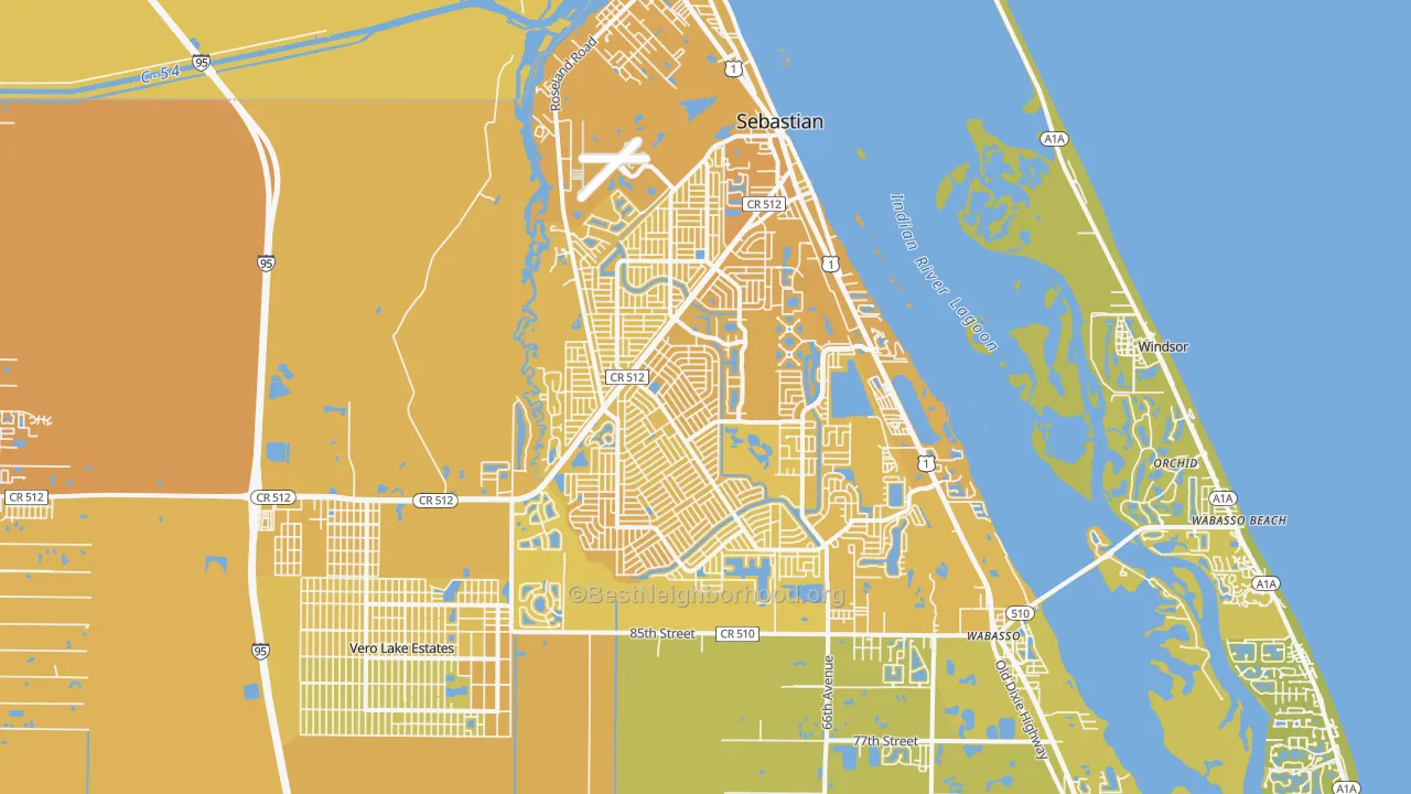 Map of the best neighborhoods in the Sebastian Metro area, with better matches in green and worse matches in red