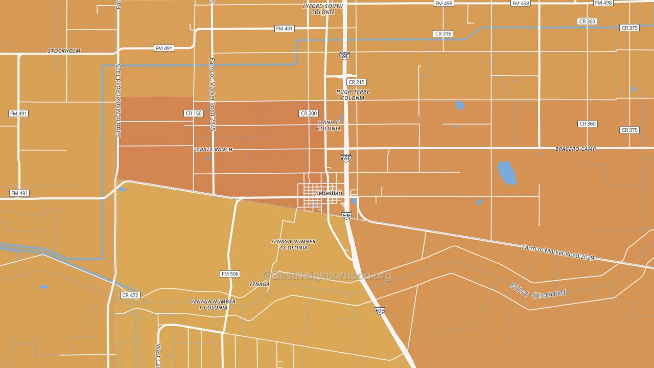 Map of the best neighborhoods in the Sebastian area, with better matches in green and worse matches in red