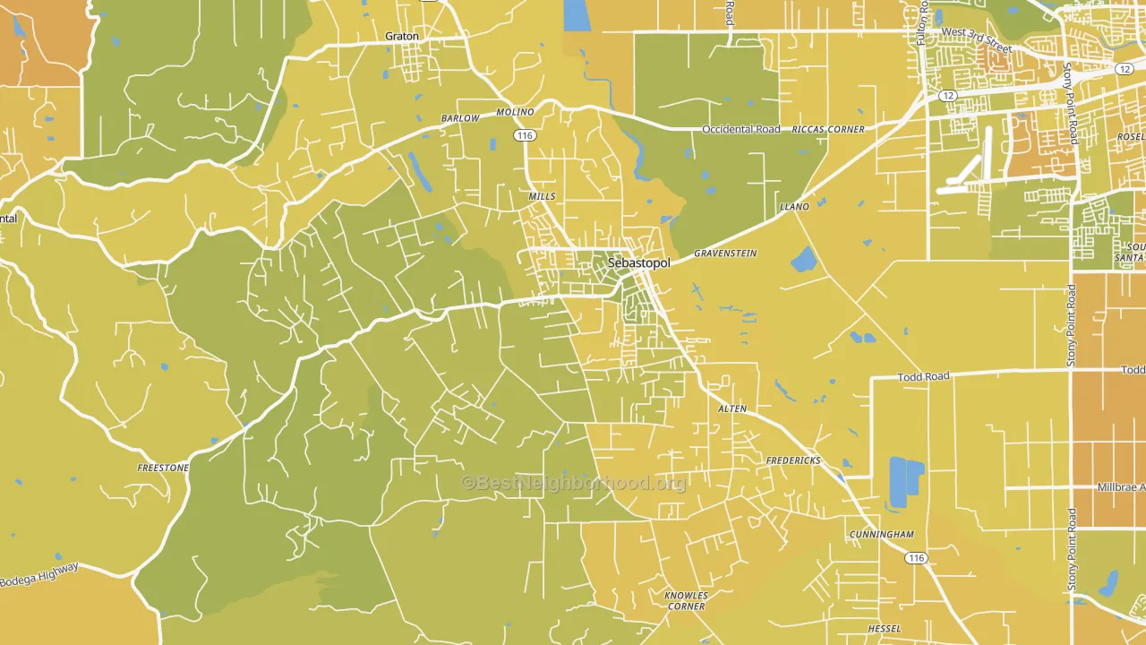 Map of the best neighborhoods in the Sebastopol area, with better matches in green and worse matches in red