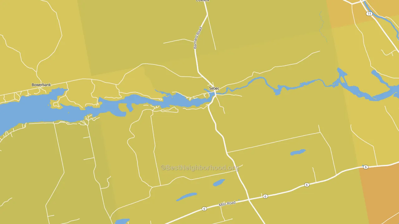 Map of the best neighborhoods in the Sebec area, with better matches in green and worse matches in red