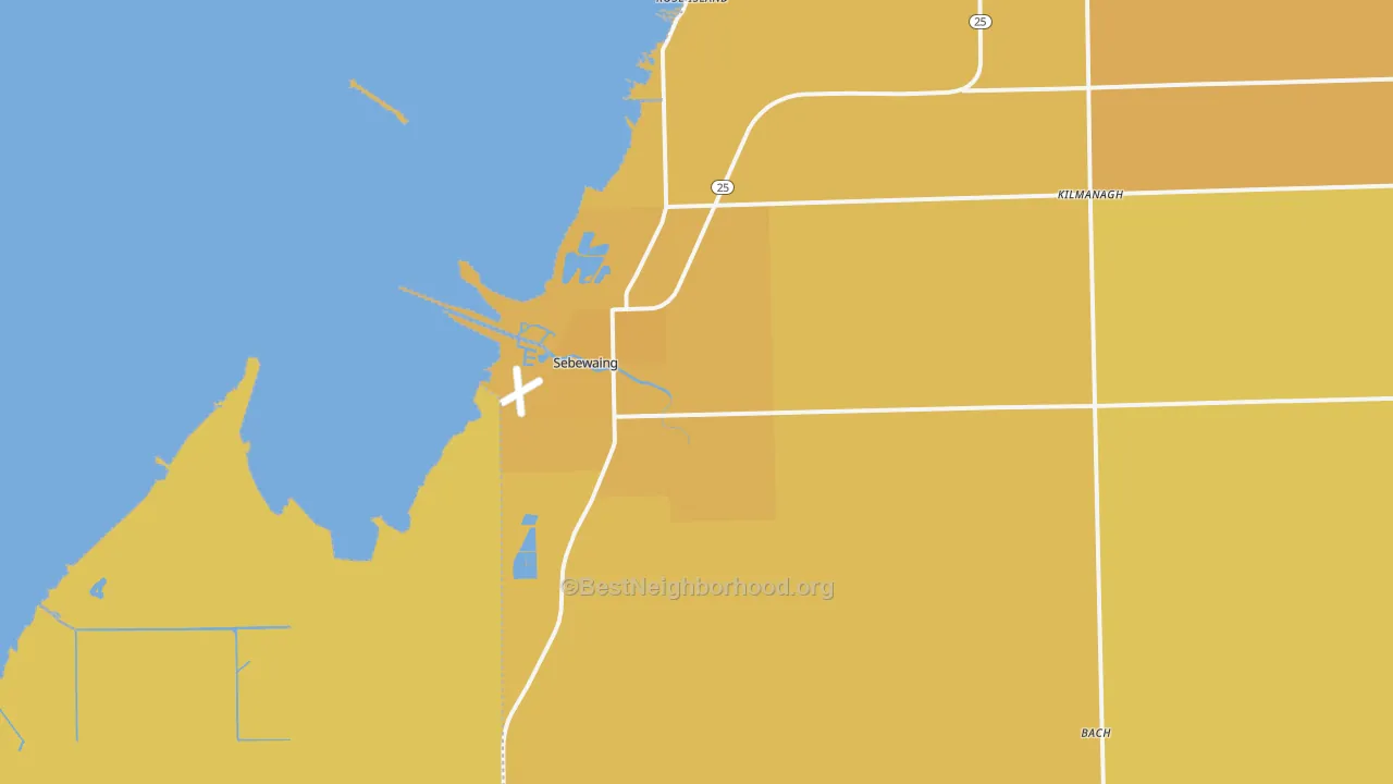 Map of the best neighborhoods in the Sebewaing area, with better matches in green and worse matches in red