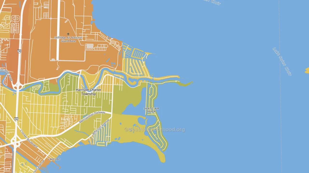 Map of the best neighborhoods in the Sebille Manor area, with better matches in green and worse matches in red