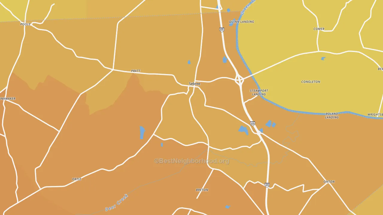 Map of the best neighborhoods in the Sebree area, with better matches in green and worse matches in red