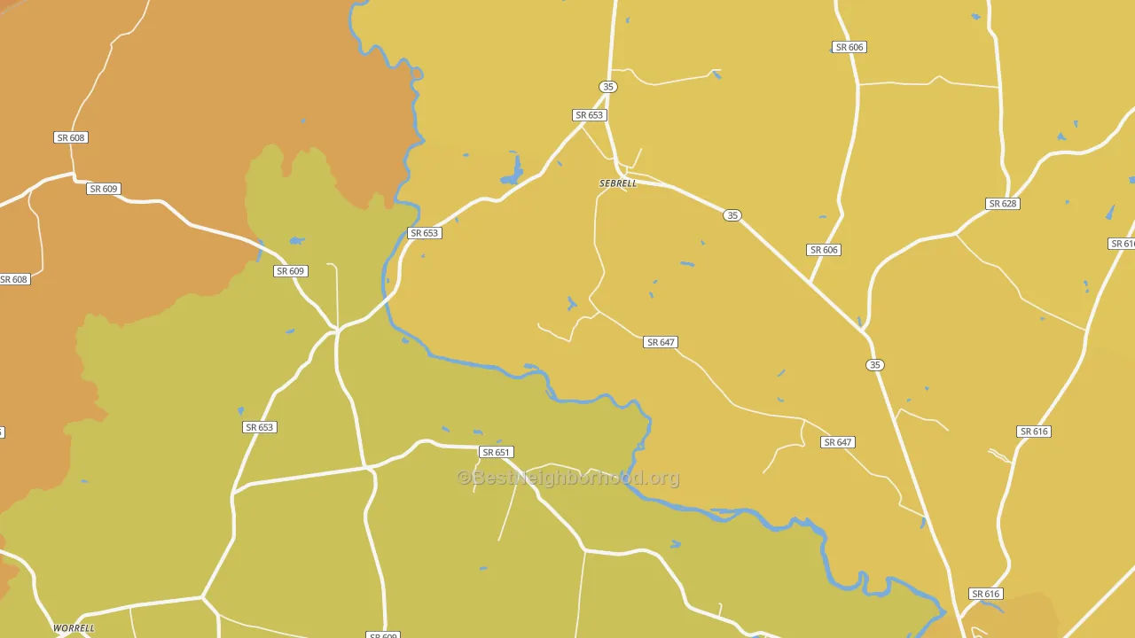Map of the best neighborhoods in the Sebrell area, with better matches in green and worse matches in red