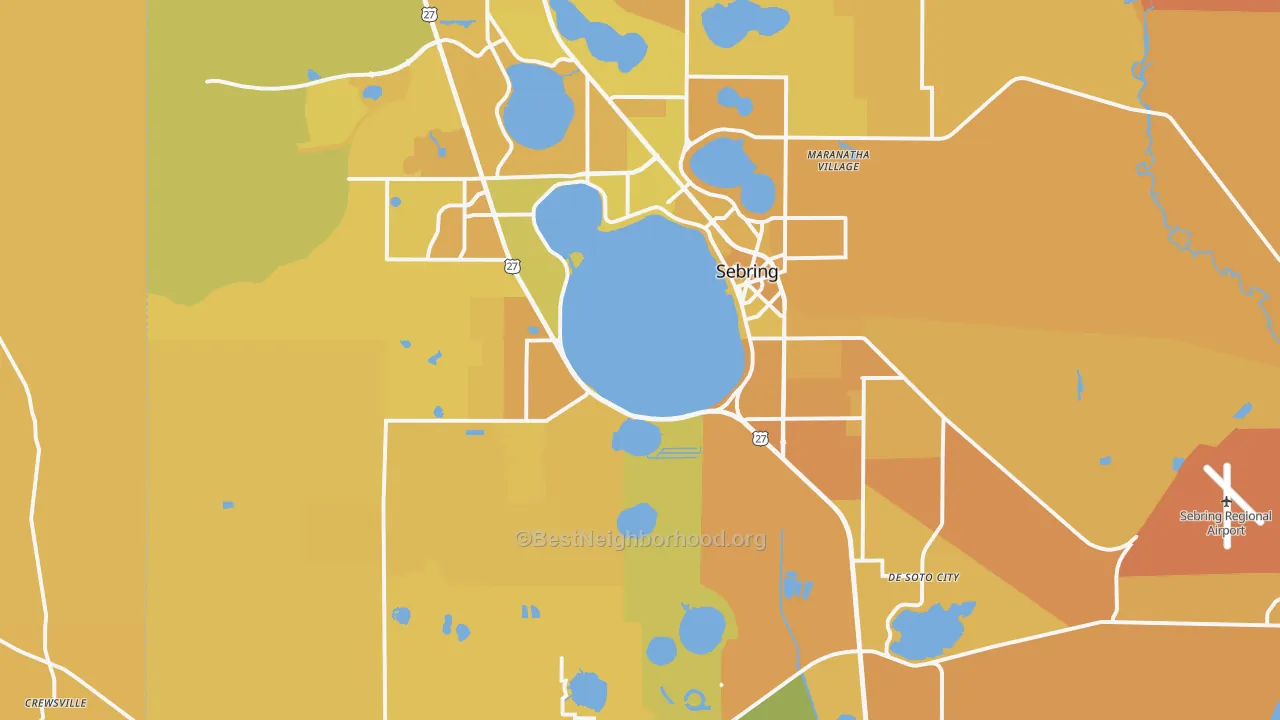 Map of the best neighborhoods in the Sebring Metro area, with better matches in green and worse matches in red