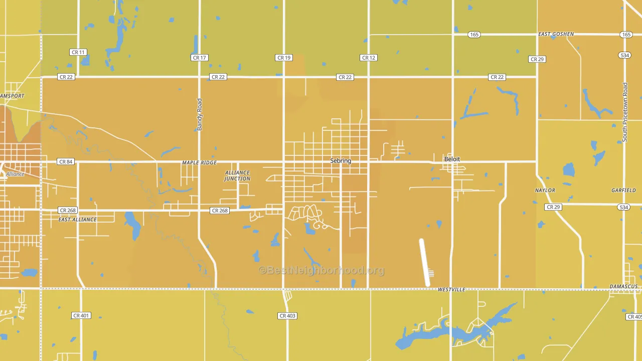 Map of the best neighborhoods in the Sebring area, with better matches in green and worse matches in red