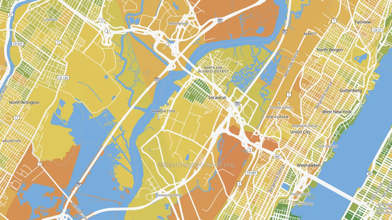 Map of the best neighborhoods in the Secaucus area, with better matches in green and worse matches in red