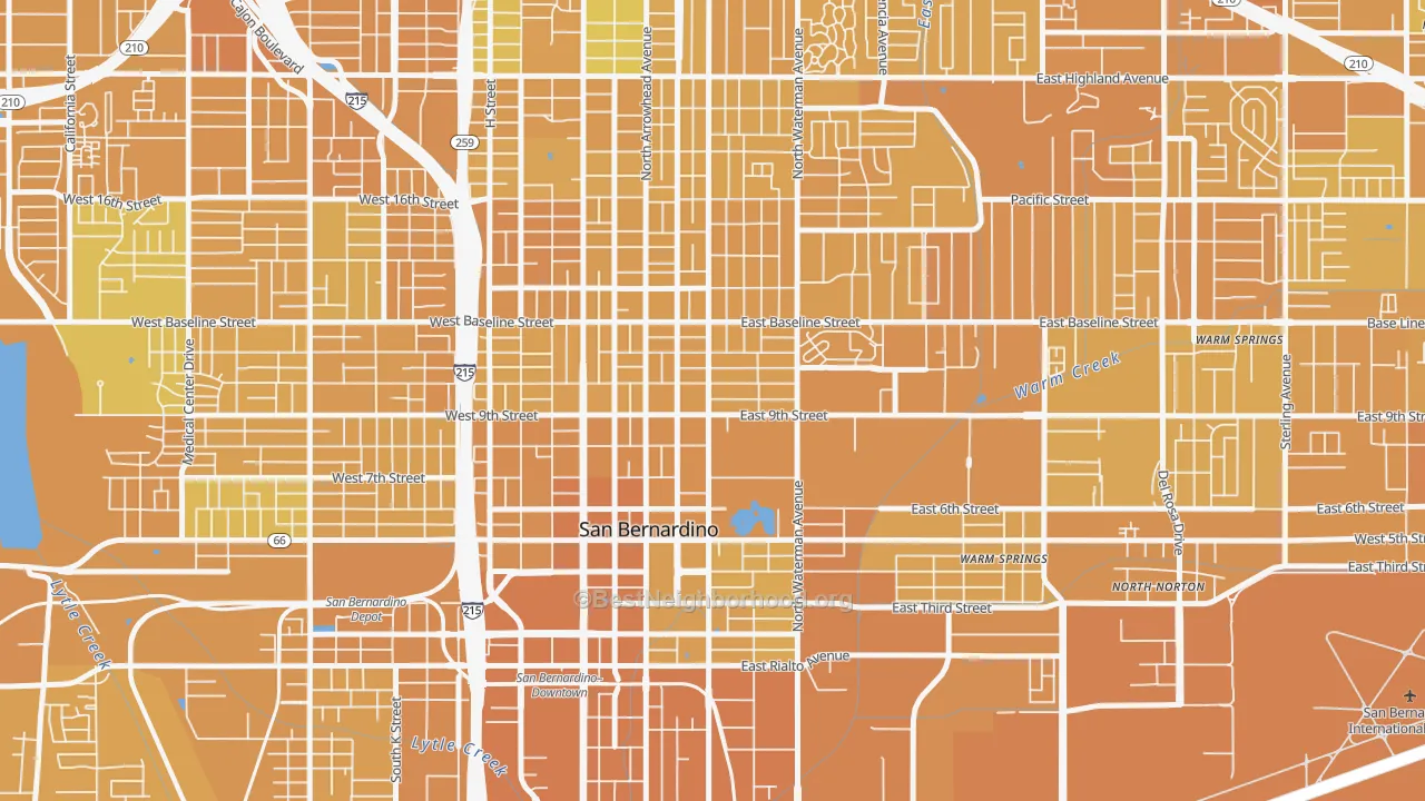 Map of the best neighborhoods in the Seccombe Lane, San Bernardino area, with better matches in green and worse matches in red