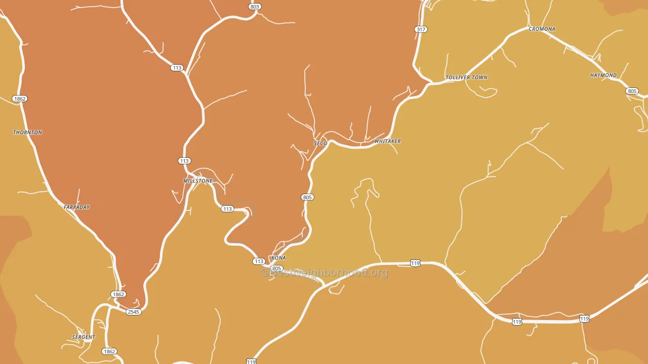 Map of the best neighborhoods in the Seco area, with better matches in green and worse matches in red