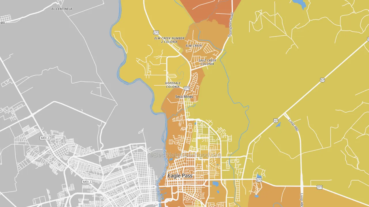 Map of the best neighborhoods in the Seco Mines area, with better matches in green and worse matches in red