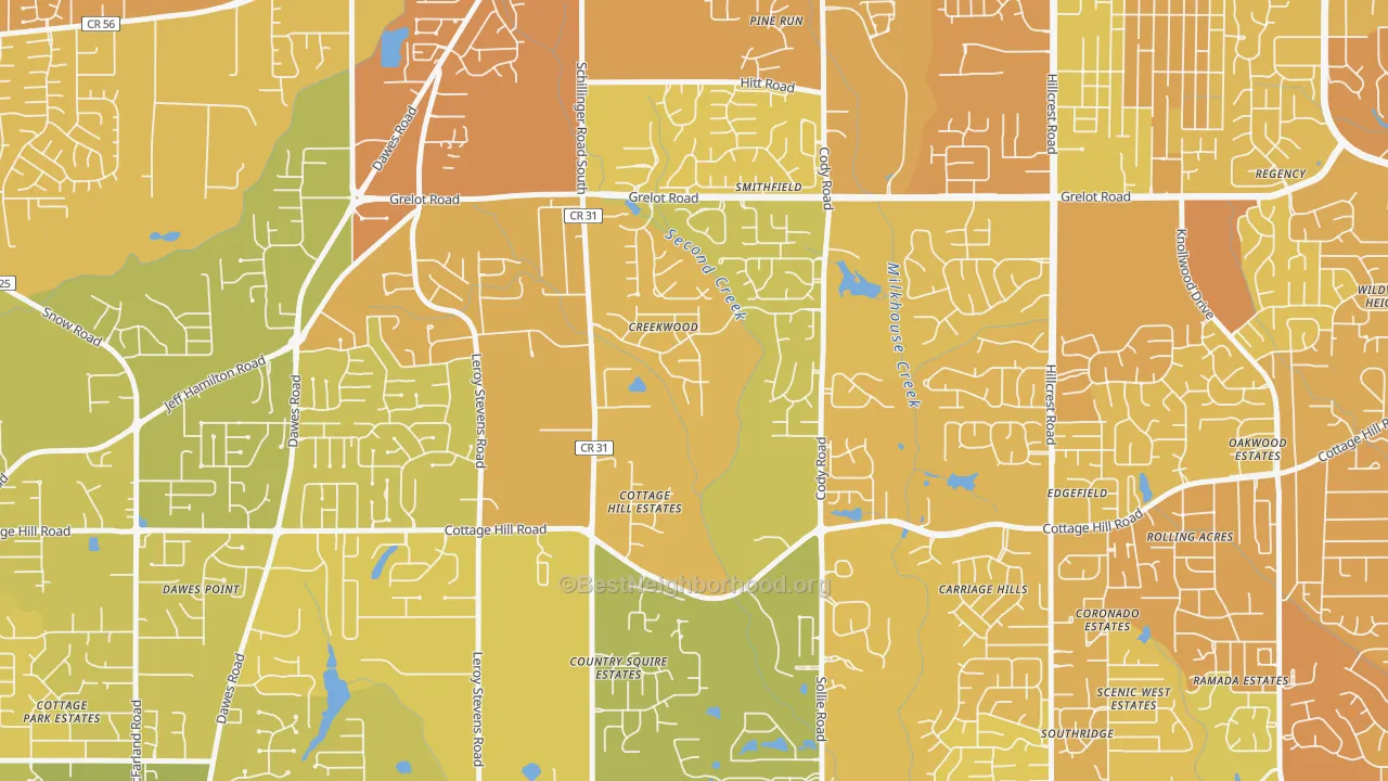 Map of the best neighborhoods in the Second Creek, Mobile area, with better matches in green and worse matches in red