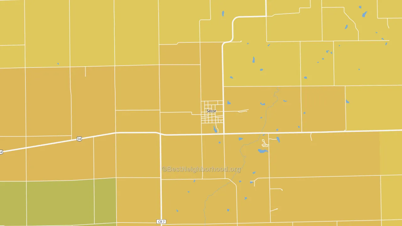 Map of the best neighborhoods in the Secor area, with better matches in green and worse matches in red