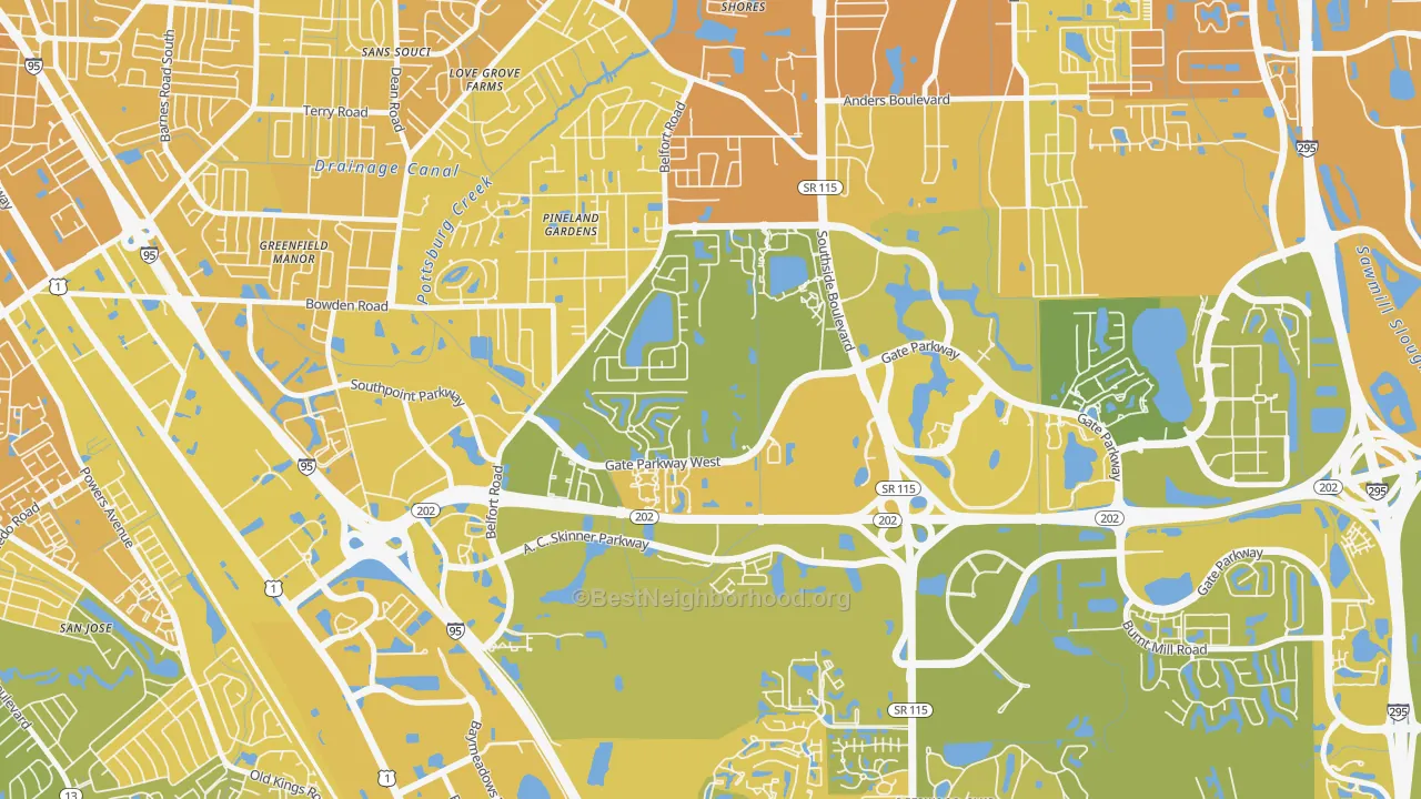 Map of the best neighborhoods in the Secret Cove, Jacksonville area, with better matches in green and worse matches in red
