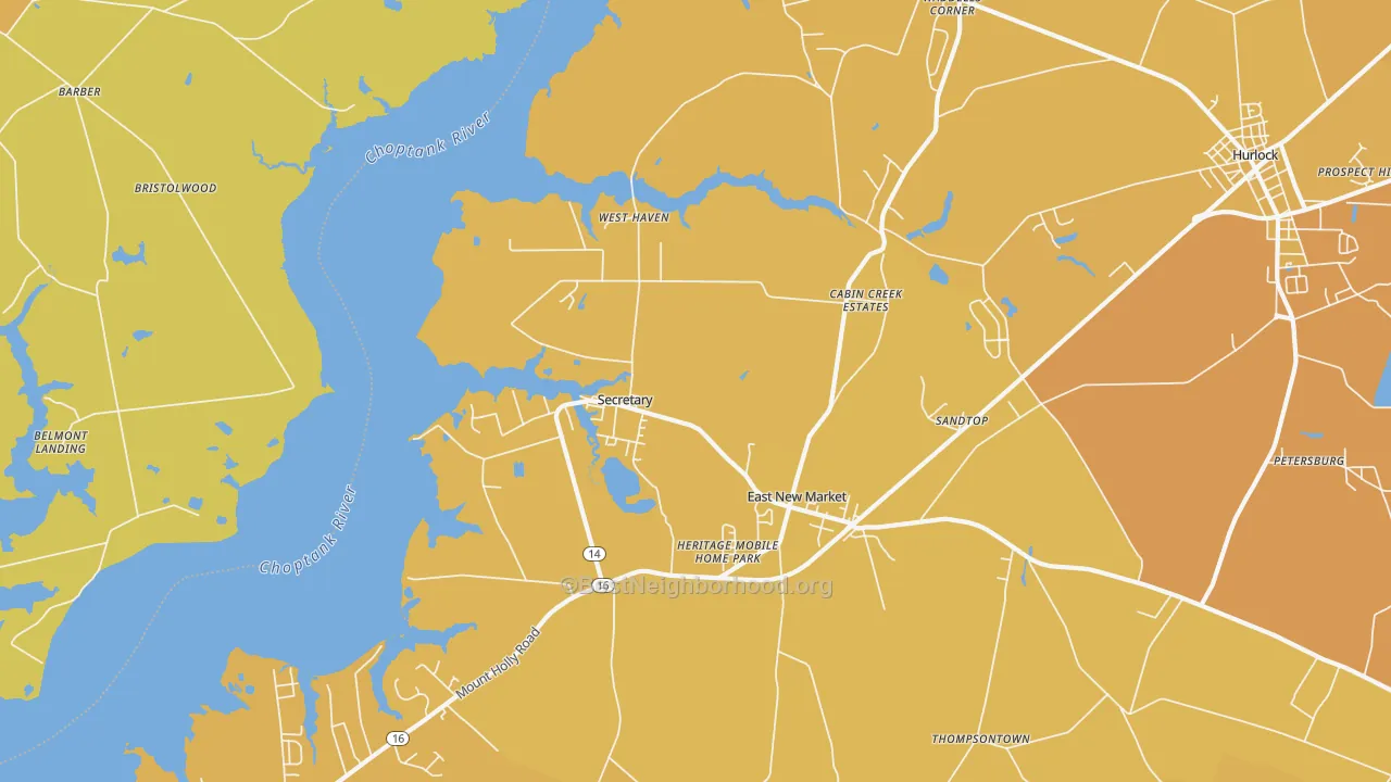 Map of the best neighborhoods in the Secretary area, with better matches in green and worse matches in red