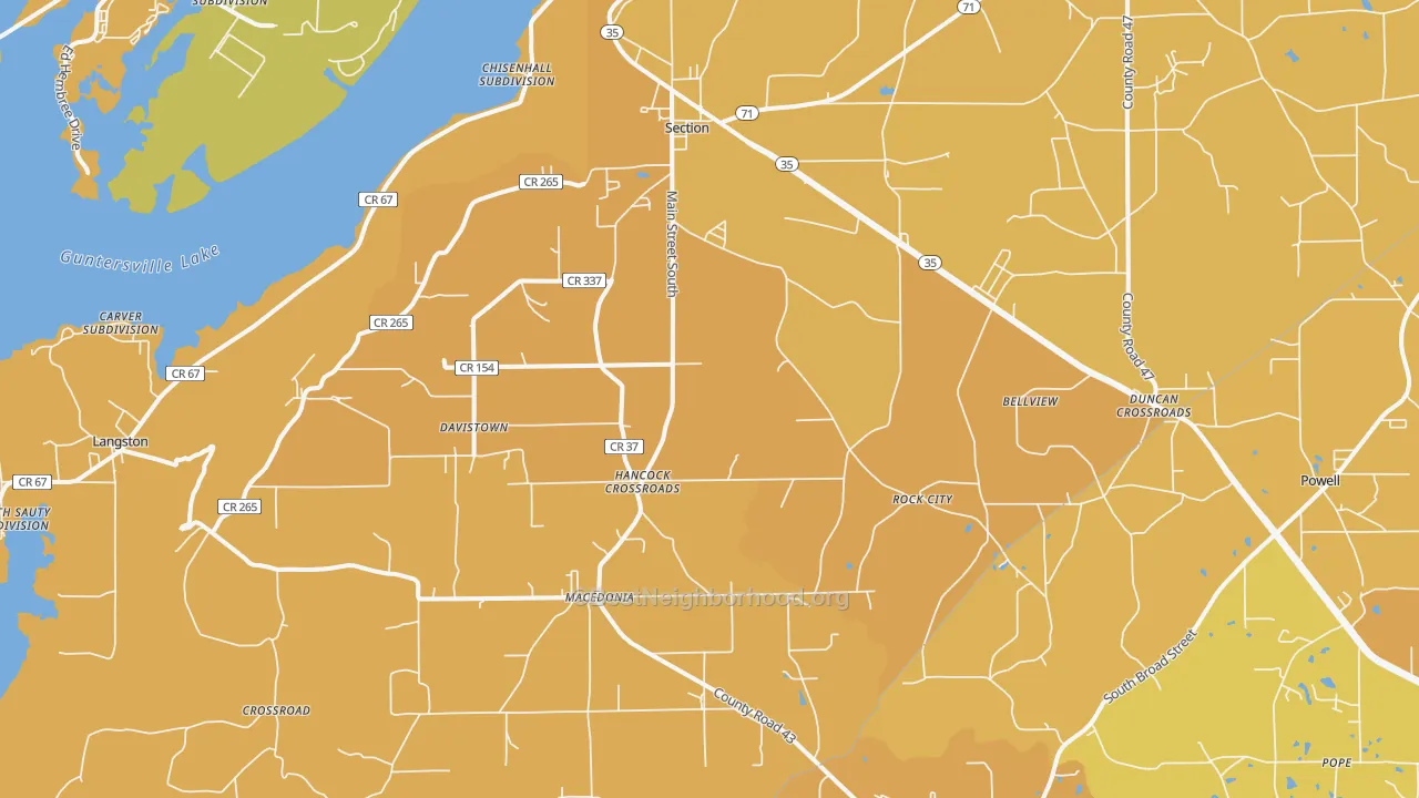 Map of the best neighborhoods in the Section area, with better matches in green and worse matches in red