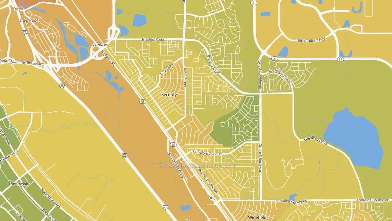 Map of the best neighborhoods in the Security, Security-Widefield area, with better matches in green and worse matches in red
