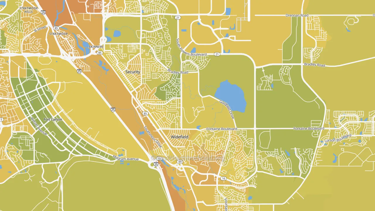 Map of the best neighborhoods in the Security-Widefield area, with better matches in green and worse matches in red