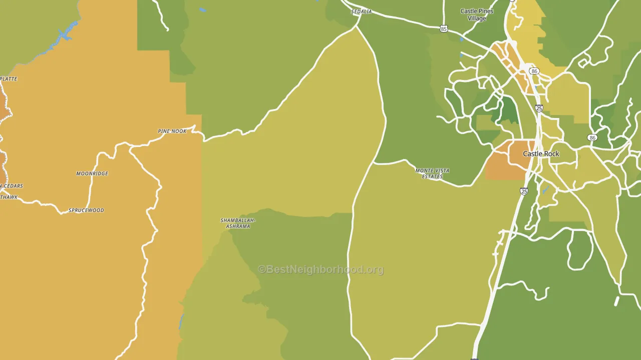 Map of the best neighborhoods in the Sedalia area, with better matches in green and worse matches in red