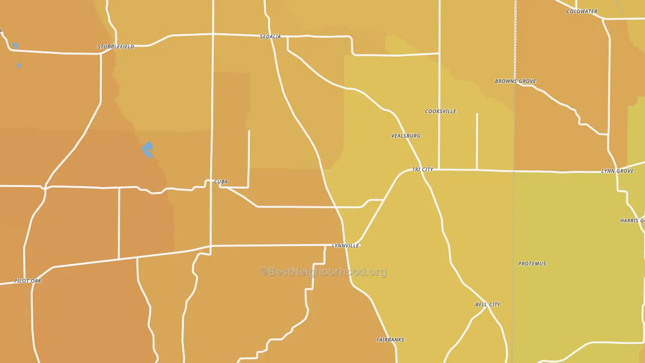 Map of the best neighborhoods in the Sedalia area, with better matches in green and worse matches in red