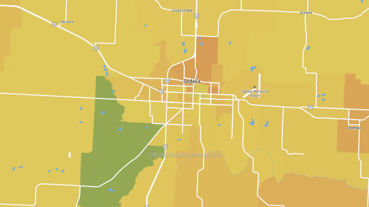 Map of the best neighborhoods in the Sedalia area, with better matches in green and worse matches in red