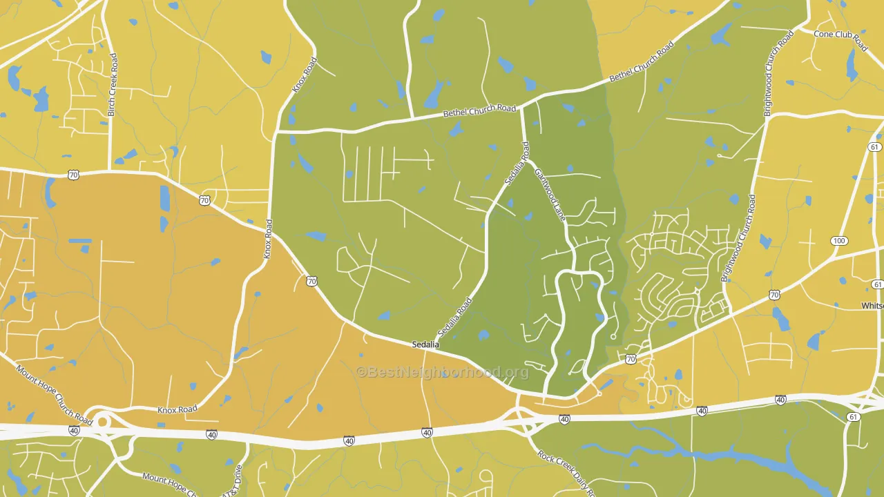Map of the best neighborhoods in the Sedalia area, with better matches in green and worse matches in red