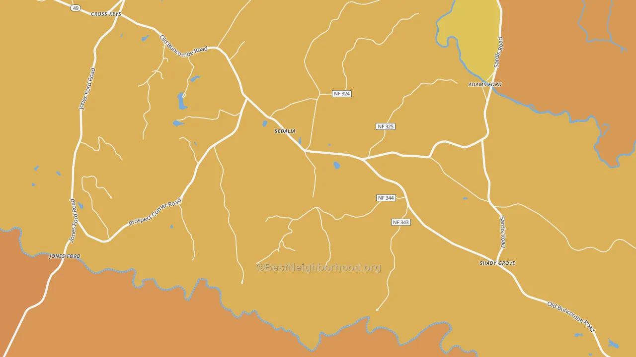 Map of the best neighborhoods in the Sedalia area, with better matches in green and worse matches in red