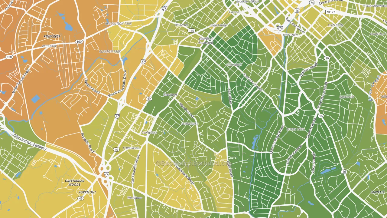Map of the best neighborhoods in the Sedgefield, Charlotte area, with better matches in green and worse matches in red