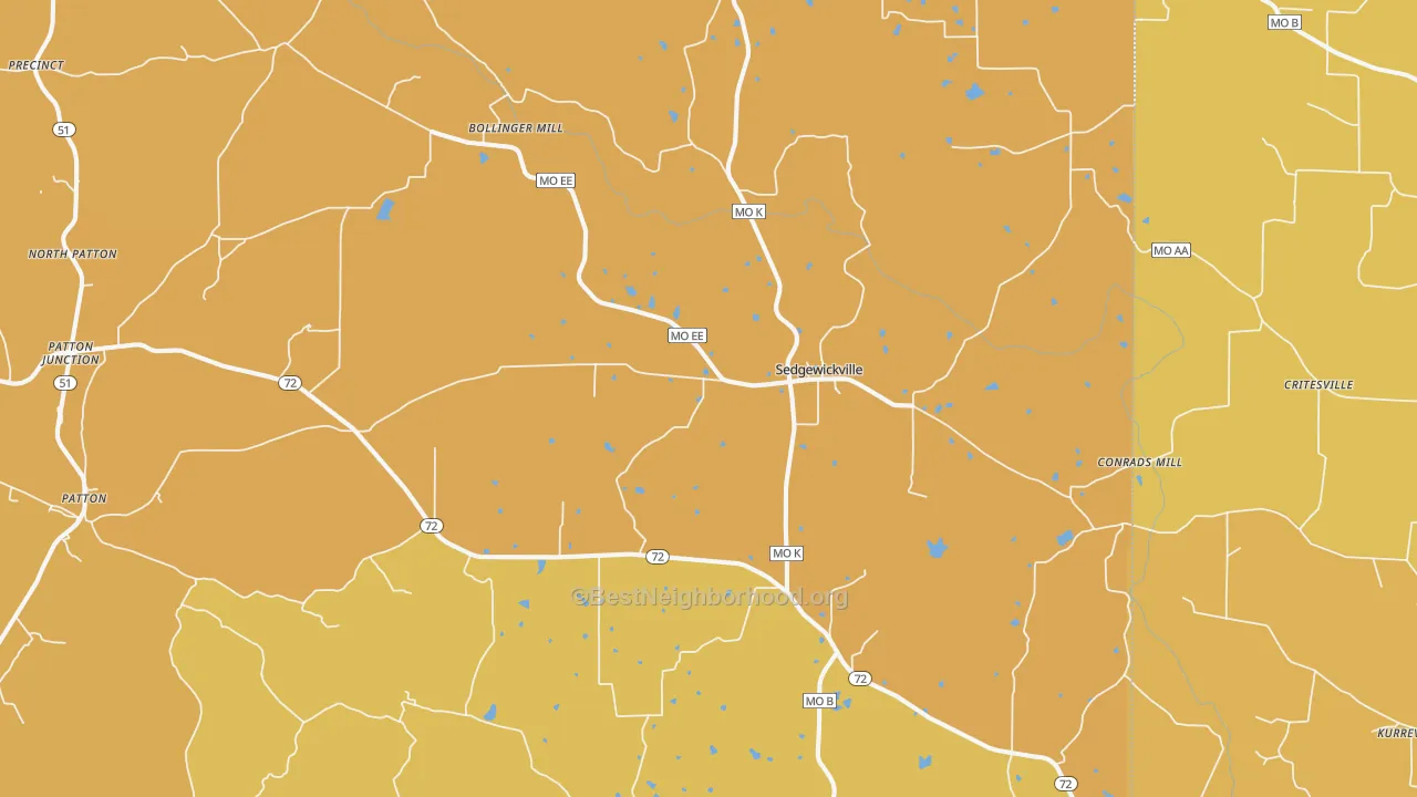 Map of the best neighborhoods in the Sedgewickville area, with better matches in green and worse matches in red
