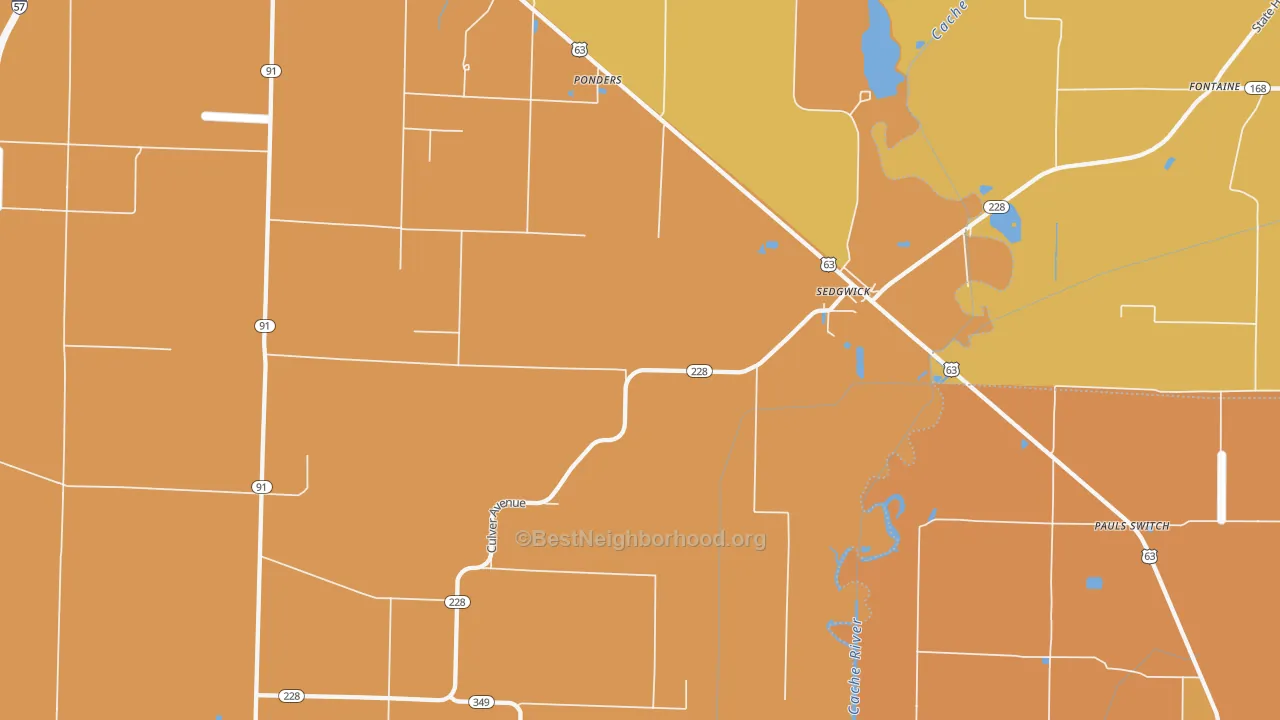 Map of the best neighborhoods in the Sedgwick area, with better matches in green and worse matches in red