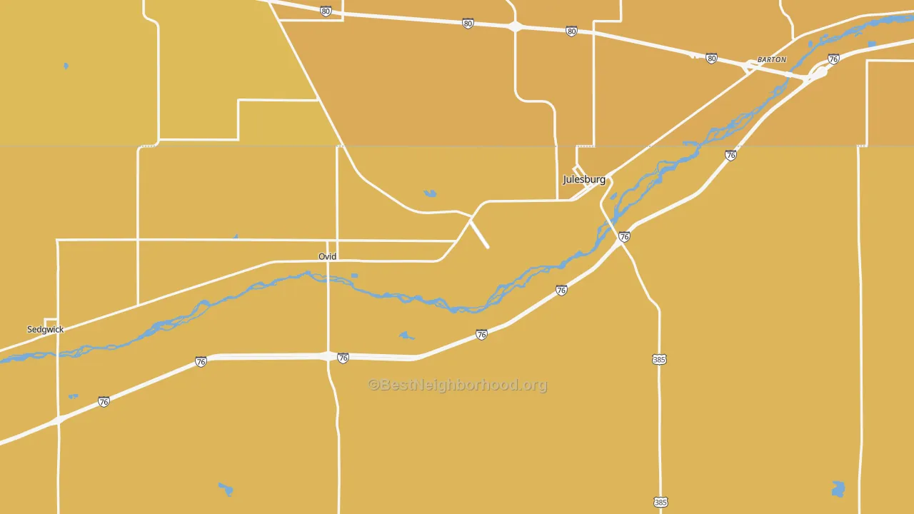Map of the best neighborhoods in the Sedgwick County area, with better matches in green and worse matches in red