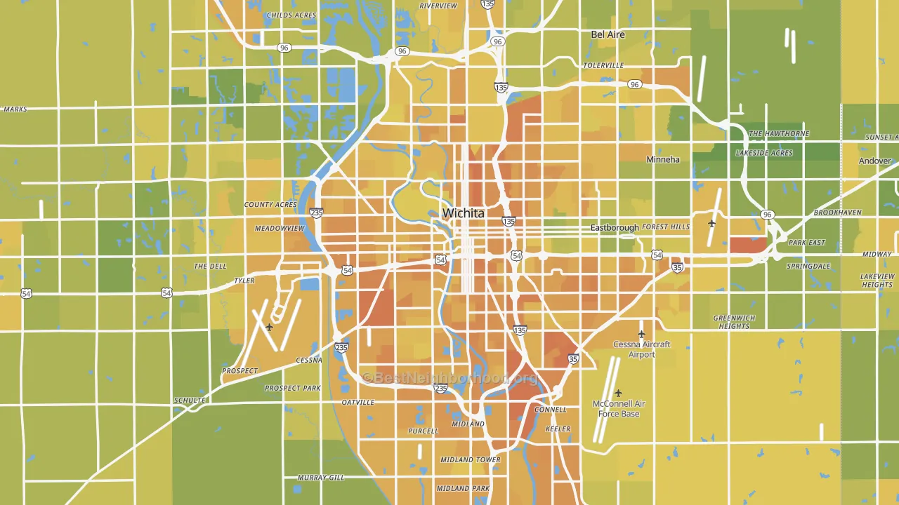 Map of the best neighborhoods in the Sedgwick County area, with better matches in green and worse matches in red