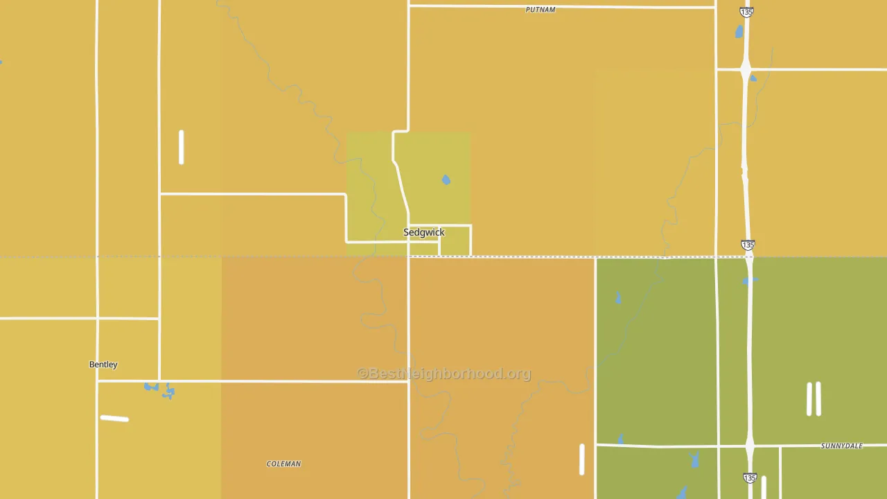 Map of the best neighborhoods in the Sedgwick area, with better matches in green and worse matches in red