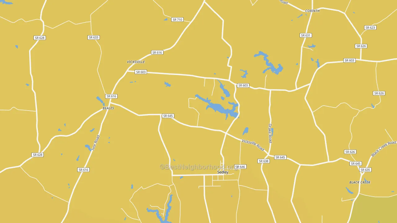 Map of the best neighborhoods in the Sedley area, with better matches in green and worse matches in red