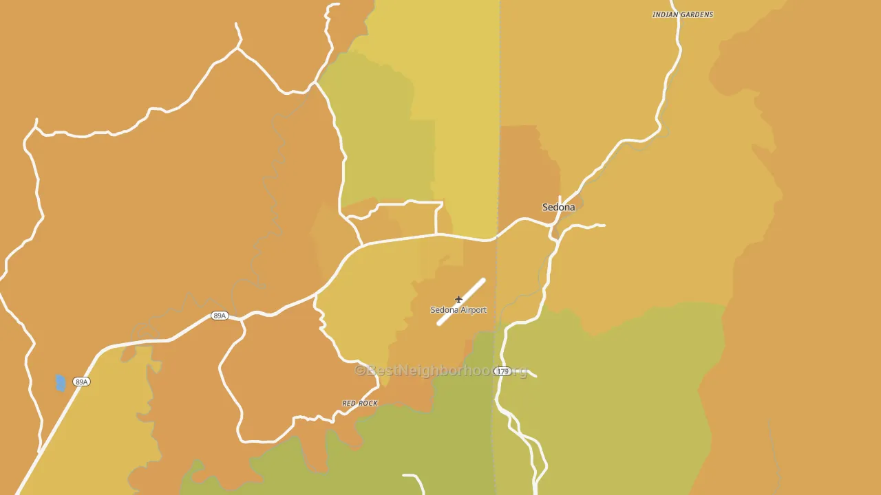 Map of the best neighborhoods in the Sedona area, with better matches in green and worse matches in red