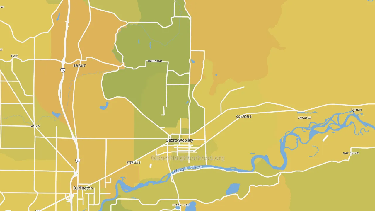 Map of the best neighborhoods in the Sedro-Woolley area, with better matches in green and worse matches in red