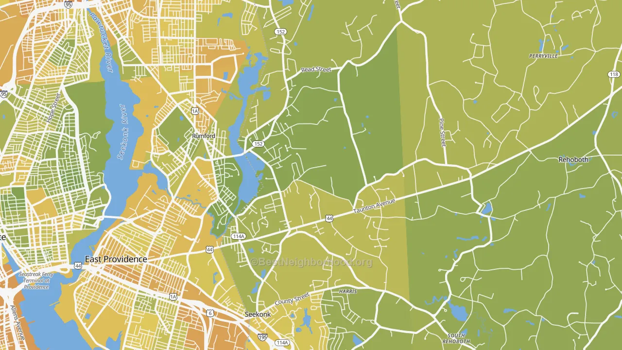 Map of the best neighborhoods in the Seekonk area, with better matches in green and worse matches in red