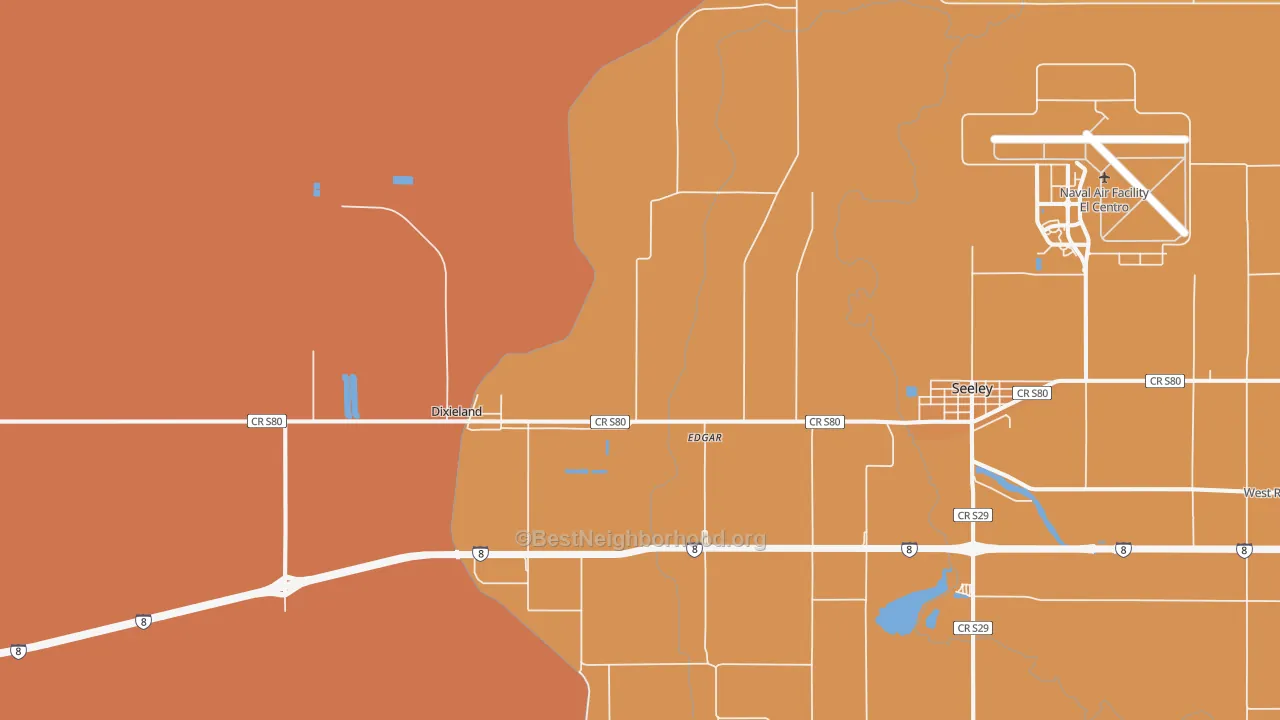 Map of the best neighborhoods in the Seeley area, with better matches in green and worse matches in red