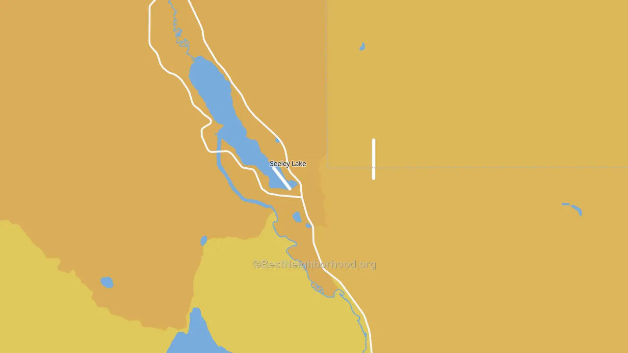 Map of the best neighborhoods in the Seeley Lake area, with better matches in green and worse matches in red